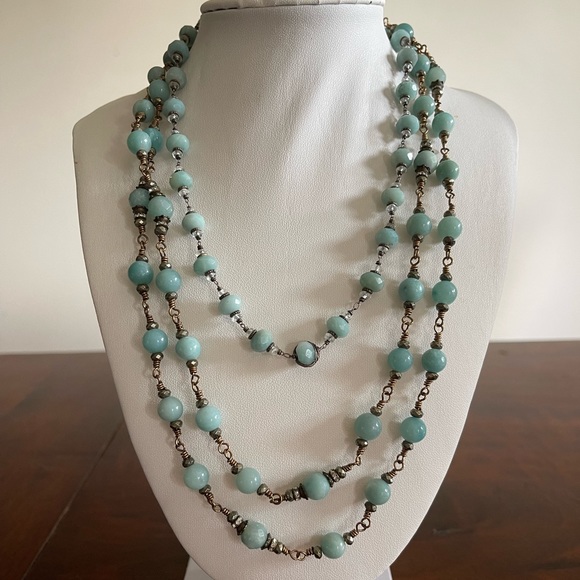 Set of 2 necklaces one chocker and one flapper length turquoise glass beads - Picture 1 of 3